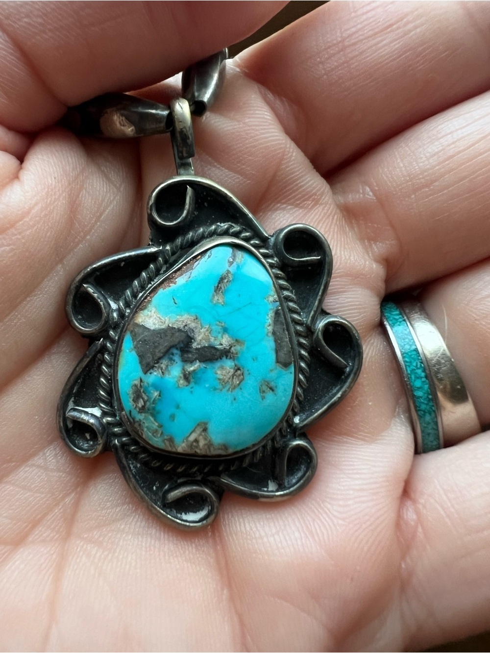 Vintage Navajo Turquoise Teardrop Pendant Necklace - Sterling Style